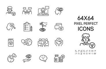 Mental health and psychiatry. Set of 64 pixel perfect line art icons.