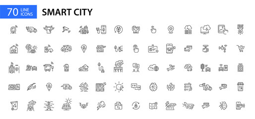Fototapeta na wymiar Smart sustainable city icons set. 70 line art pixel perfect editable stroke icons