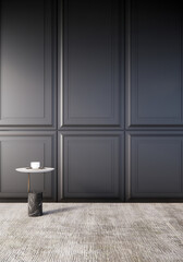 room interior design with black wall and small table, black room ideas 3d rendering background