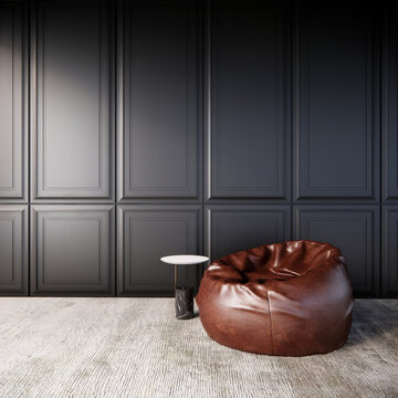 room interior design with black wall and leather chair, black room ideas 3d rendering background