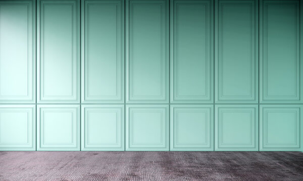 empty room interior with green wall, studio design 3d rendering background