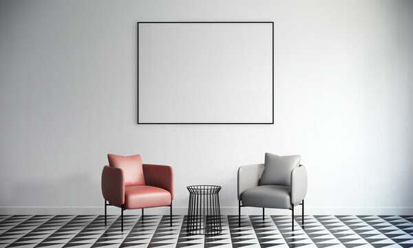 mock up poster frame in modern interior background, floor pattern, white room ideas, 3D render, 3D illustration