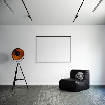 mock up poster frame in modern white room interior background, white and black color ideas, 3D render, 3D illustration