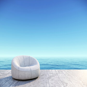 Beach Terrace Modern Luxury Villa Hotel with white terrace and white chair, Sea and Sky view, 3D Rendering