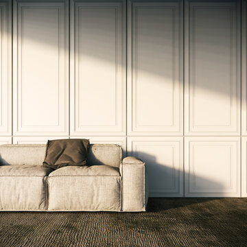 modern interior background, living room with sofa, Scandinavian style, 3D render, 3D illustration