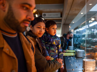 Parents with son in self-service restaurant