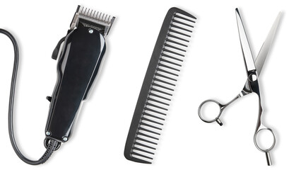 Scissors, Comb, Hair clipper. Professional barber hair clipper and shears for Man haircut. Hairdresser salon equipment. Premium hairdressing Accessories. Top view flat lay isolated on white background - obrazy, fototapety, plakaty