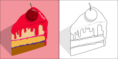 sponge cake with cherries suitable for children's coloring page vector illustration