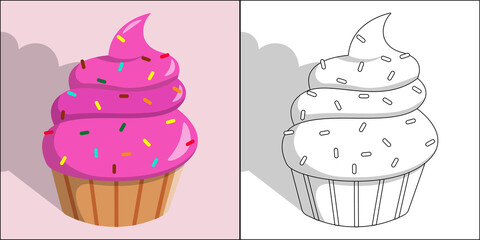 Cupcake suitable for children's coloring page vector illustration