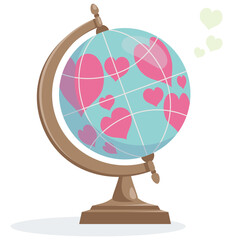 A globe filled with heart shaped continents.  Vector illustration in flat cartoon style on white background.