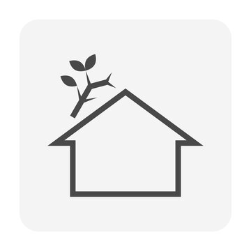  Broken Branch Or Tree On Roof Of House Building Vector Icon. To Fallen Cause By Disaster I.e. Hurricane, Storm, Wind, Tornado. Concept For Damage Home, Claim, Insurance. Also Destroyed, Destruction.
