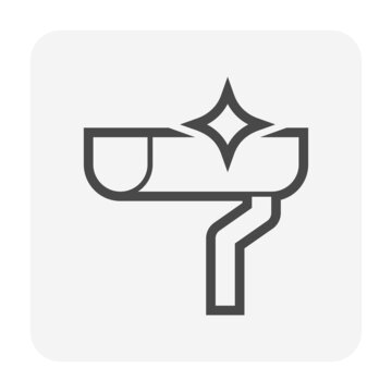 Rain Gutter Or Eavestrough Clean, Cleanup Vector Icon. Include Pipe Or Downpipe, Downspout. To Service By Cleaner, Cleaning For Roof Drainage System. Part Of Outside, Exterior Home House Building.
