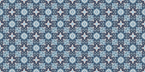 Indigo blue red batik geo nautical seamless border pattern. Modern marin geometric kaleidoscope banner. Nantucket fabric textile style. Summer rustic masculine worn linen effect edging trim tape 