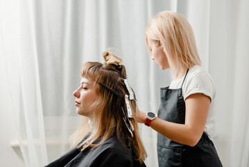 Fototapeta premium Young female hairdresser coloring client's hair in beauty studio