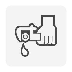 Water leak vector icon. Drip at loose nut, lid, cap, plug or stopper. At end pipe, drain hole of tank. To fix, repair or adjust by lock, torque. Include hand plumber, wrench tool for tight, tightener.