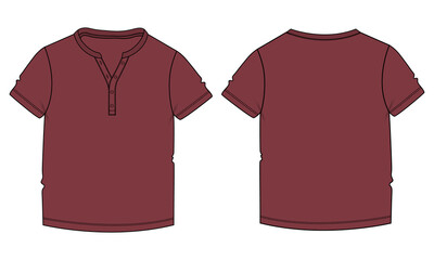 Naklejka premium Short sleeve Basic T-shirt technical fashion flat sketch vector Illustration Red Color template front and back views. Basic apparel Design Mock up for Kids and boys.
