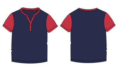 Two tone Red and navy color Short sleeve Basic T-shirt technical fashion flat sketch vector Illustration template front and back views. Basic apparel Design Mock up for Kids and boys.