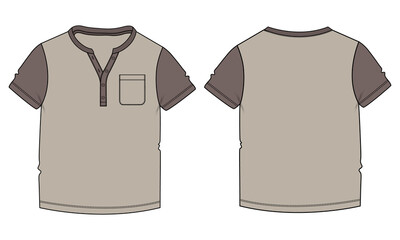 Two tone khaki color Short sleeve Basic T-shirt technical fashion flat sketch vector Illustration template front and back views. Basic apparel Design Mock up for Kids and boys.