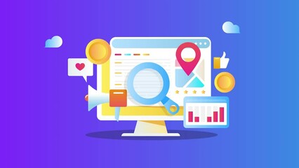 Digital marketing concept represents SEO marketing, social media, Search advertising and business  data analytics - 2d animation 4k video clip.