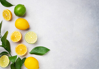 Fresh lemons and limes on a blue textured background. Citrus fruit concept for freshly squeezed...