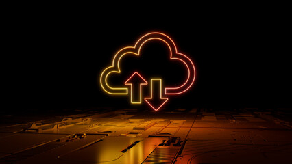 Orange and Yellow Data storage Technology Concept with cloud symbol as a neon light. Vibrant colored icon, on a black background with high tech floor. 3D Render