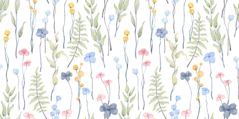 Nursery wallpaper. Watercolor hand drawn cute seamless pattern with delicate abstract spring flowers, green branches. Meadow wild flowers elements isolated on white background.