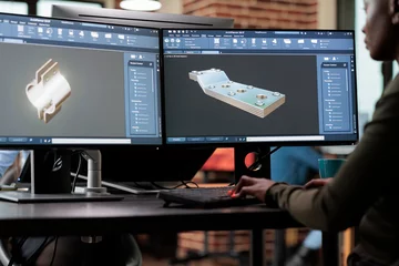 Poster de jardin 3D Creative company professional digital engineer modeling 3D mesh while improving geometry. Asset creator optimising polygon count while using CAD to create advanced virtual sketch.  © DC Studio