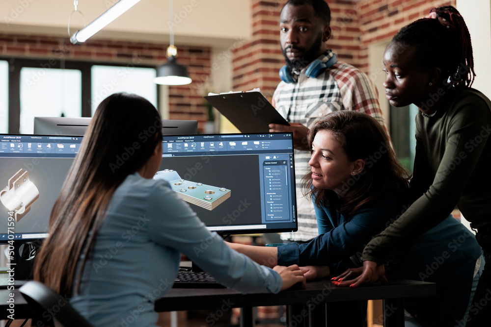 Poster diverse digital artists working together using advanced specialized software to improve mesh geometr