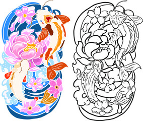 Koi carp for printing on background.Chinese cloud with tattoo background set.Japanese tattoo background.