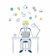 SE /デスクワークをする男性とwebシステムイメージのアイコン