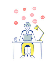 プログラマー/デスクワークをする男性とプログラミング用語