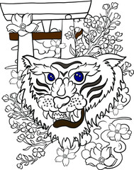 Traditional tiger vector illustration for sticker or tattoo design on background.Chinese tiger cartoon style.Hand drawn Japanese tiger for printing on t-shirt on red background.