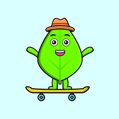 cute cartoon green leaf standing on skateboard with cartoon vector illustration style
