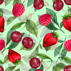 Juicy berries seamless pattern. Bright summer design in a watercolor style.
