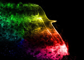 暗闇を羽ばたく抽象的な光の鳥のイラスト