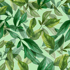 Branches and leaves seamless pattern. Bright summer design in a watercolor style.