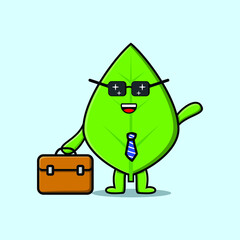 Cute cartoon green leaf businessman character holding suitcase illustration