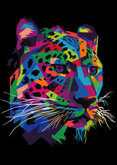 colorful leopard head in pop art style isolated on black background