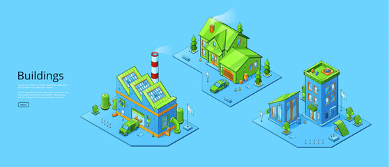 Buildings banner with isometric fabric, house and store. Vector poster of urban architecture with exterior of residential, business and industrial buildings, cottage, warehouse and office