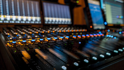 Blurred moving panel knobs and switches on a sound mixing panel