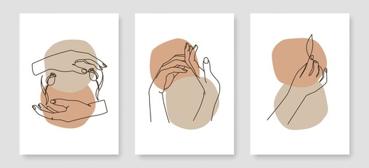Fototapeta na wymiar Hands One Line Drawing Prints Set. Hands Creative Contemporary Abstract Line Drawing. Modern Beauty Fashion Wall Art. Vector Minimalist Design for Wall Art, Print, Card, Poster.