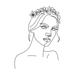 Elegant Woman Face with Flowers One Line Art Style Drawing. Continuous Line Art Minimalist Style for Wall Art, Print, Tattoo, Poster, Textile etc. Floral Female Fashion Face Vector illustration 