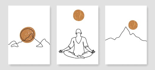 Line Art Drawing of Mountain Landscape with Yoga Pose Prints Set. Card with Line Art Mountain, Lotus Pose, Ideal for Wall Art Print, Modern Poster, Minimal Interior Design, Social Media. Vector EPS 10