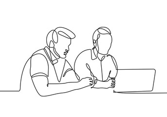 Business People Group in Office Trendy Line Art Drawing. Business Concept Minimalistic Black Lines Drawing on White Background. Workers Modern Design. Vector EPS 10	