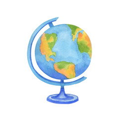 Watercolor illustration globe stand. Earth isolated on white