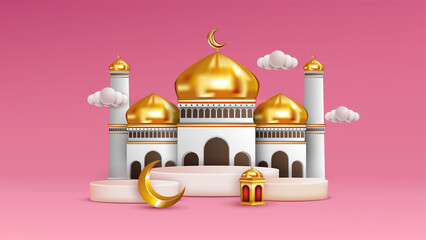 3d modern Islamic holiday banner in pink monotone design. Display podium with Ramadan lantern, moon and mosque. Calligraphy: Eid Mubarak