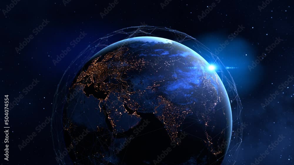 Wall mural tech earth globalization in 3d animation. global business dots on rotating planet.