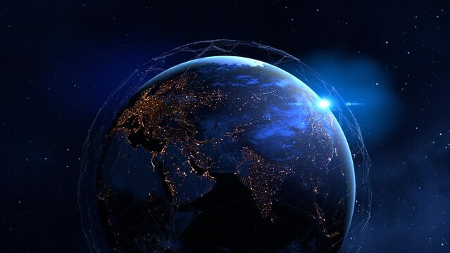 Tech earth globalization in 3d animation. Global Business dots on rotating planet.