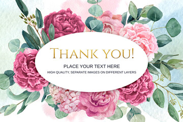 Beautiful watercolor  floral frame background. Thank you card
