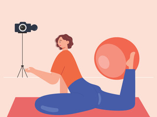 A yoga instructor is recording his sports activities. The ball is used in yoga. Yoga vector illustration.